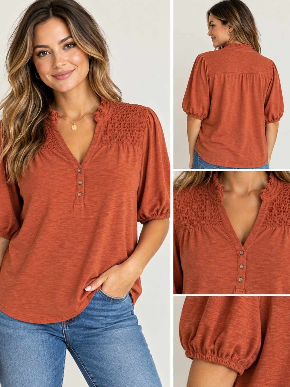 Knox Rose, Rust Smocked V-Neck Puff Sleeve Top - Women, Large